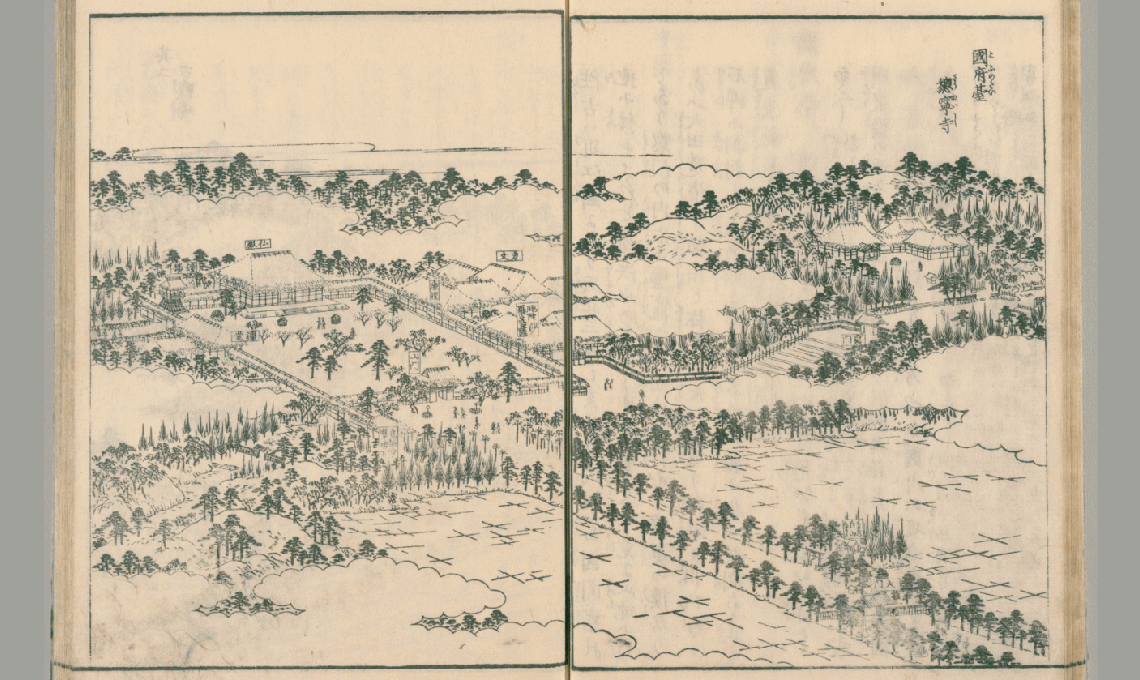 江戸名所図会の図。古い時代のタッチで描かれた鳥瞰図
